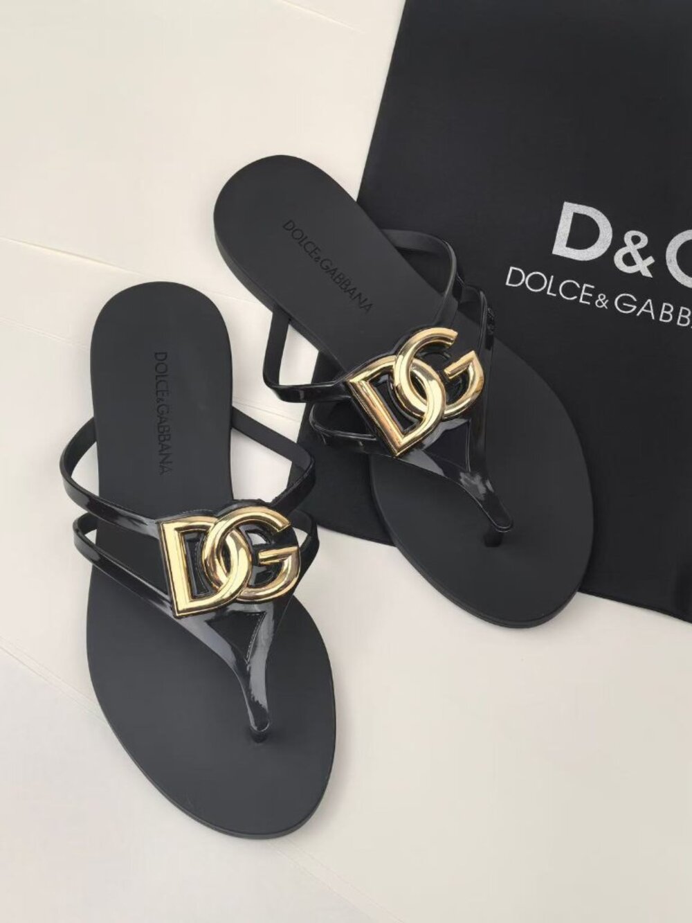 Dolce & Gabbana DG Logo Black Thong Sandals Flip Flops